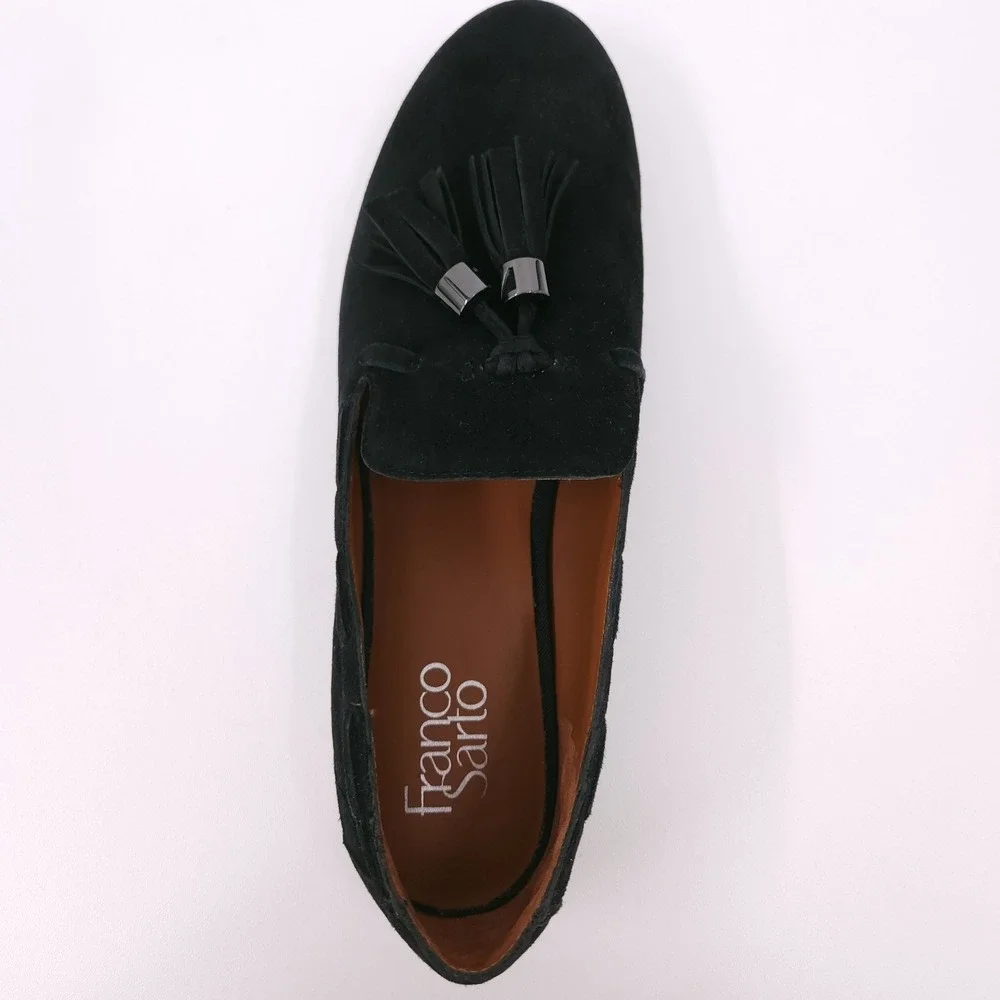 Franco Sarto Hartlie Round Toe Low Profile Tassel Slip On Loafers Black Women 9M